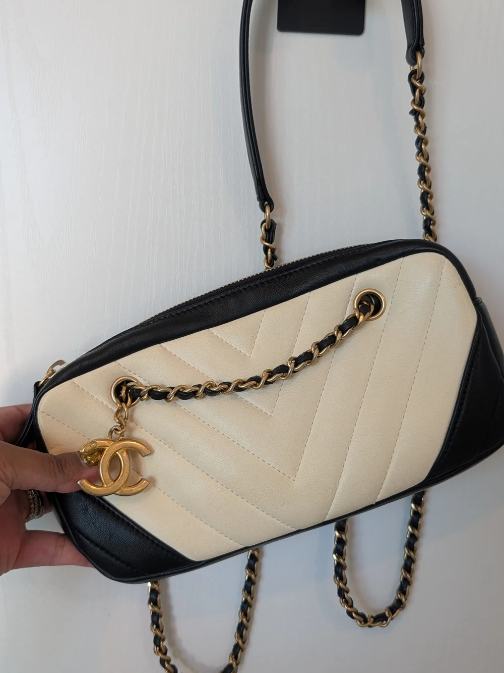 Chanel Lambskin Chevron Quilted Camera Bag In Beige And Black